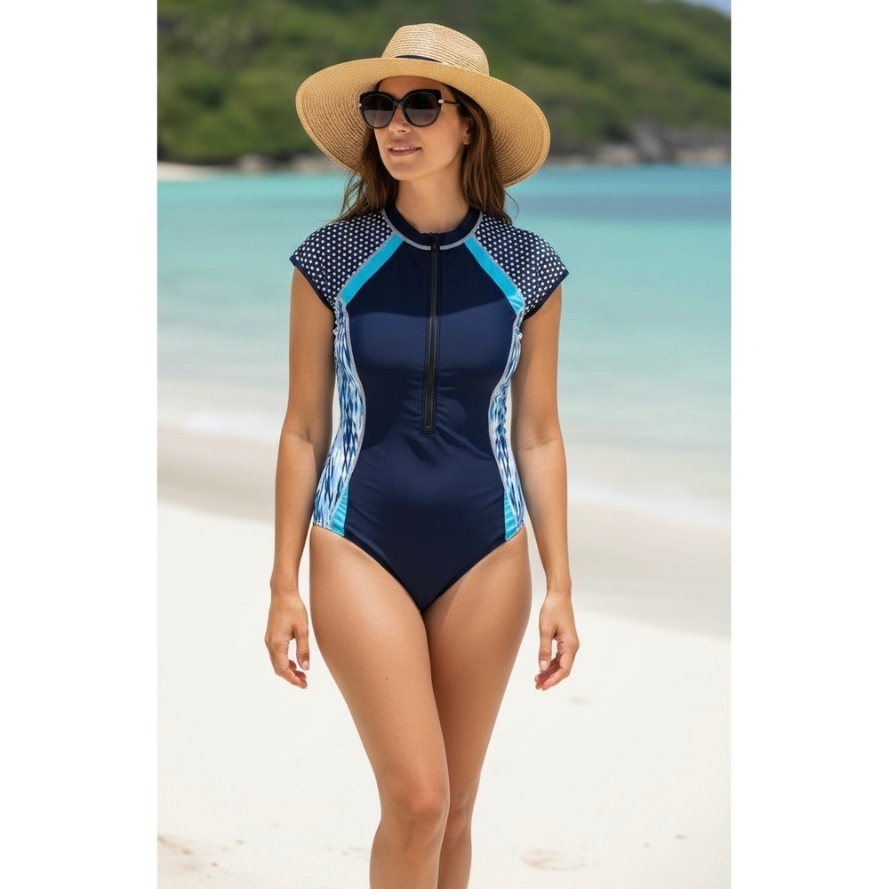 Navy and Teal Short-Sleeve One-Piece Swimsuit - Brand - Picture 2 of 8